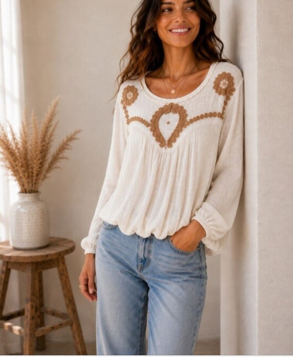 Free People Begonia Embroidered Gauze Cream White Boho Peasant Cottagecore Top